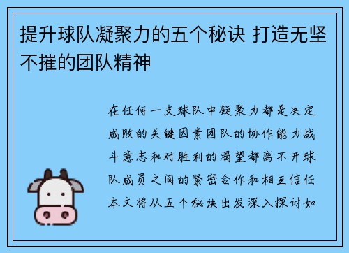 提升球队凝聚力的五个秘诀 打造无坚不摧的团队精神 提升球队凝聚力的五个秘诀 打造无坚不摧的团队精神