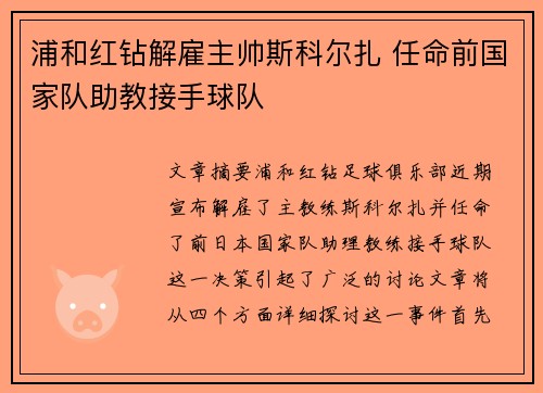 浦和红钻解雇主帅斯科尔扎 任命前国家队助教接手球队